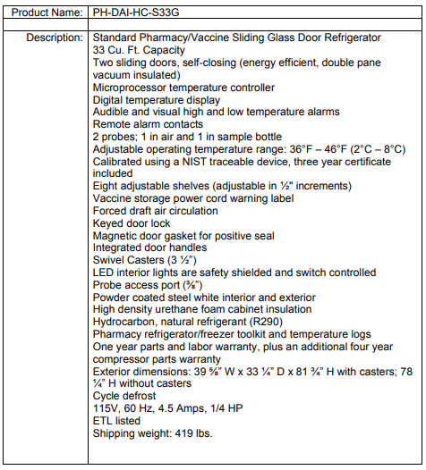 Specification sheet for a 33 cu. ft. vaccine refrigerator with features and dimensions listed in a table.
