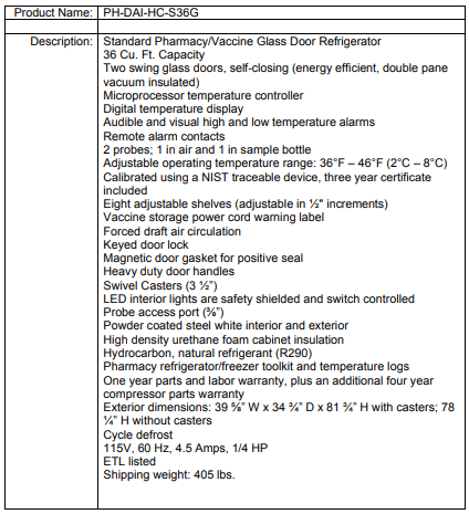 Product specs table for a glass door pharmacy/vaccine refrigerator, listing features like size, doors, and alarms.