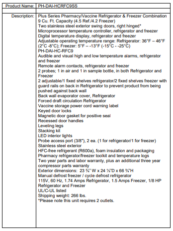 Specifications sheet for a pharmacy refrigerator and freezer, listing features, storage, and technical details.