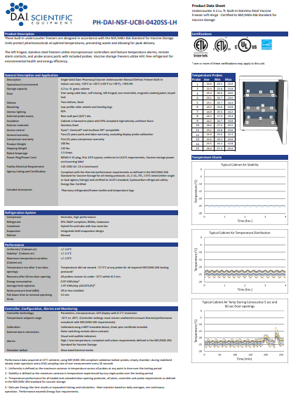 Product data sheet for a scientific freezer with specifications, certification logos, tables, and performance graphs.