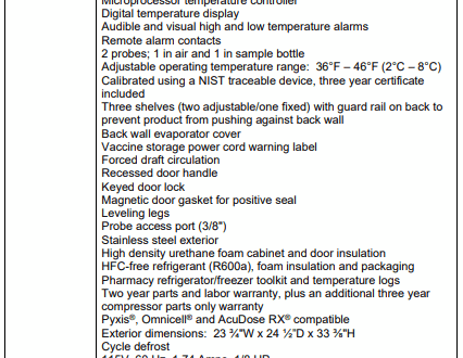 Specification sheet for a pharmacy refrigerator, listing features, dimensions, and certifications.