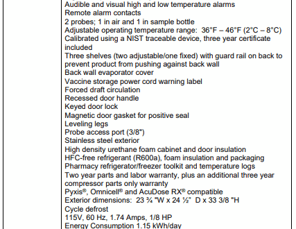 Product specifications for a pharmacy/vaccine refrigerator with features, certifications, and dimensions listed in a table.