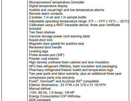 Product specs list for a pharmacy/vaccine freezer with key features, dimensions, and certifications.