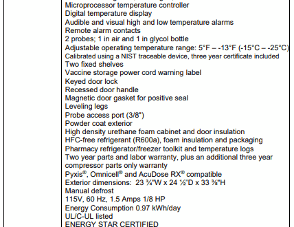 Text list detailing product information and specifications for a pharmacy/vaccine freezer model PH-DAI-HC-UCBI-0420-LH.