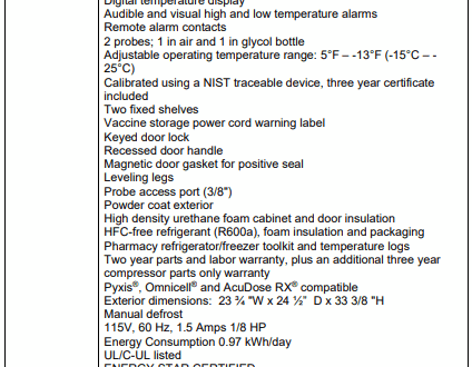 Table listing product specs and features for a pharmacy/vaccine freezer, including size, power, and warranty.