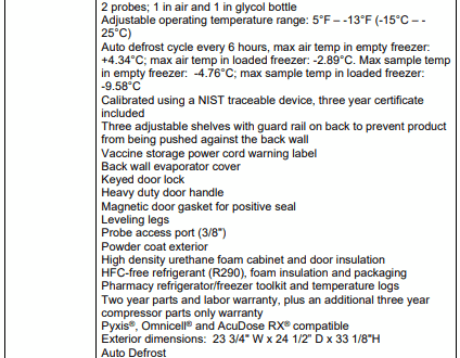 A product description table for a pharmacy/vaccine undercounter auto defrost freezer with specs and features listed.