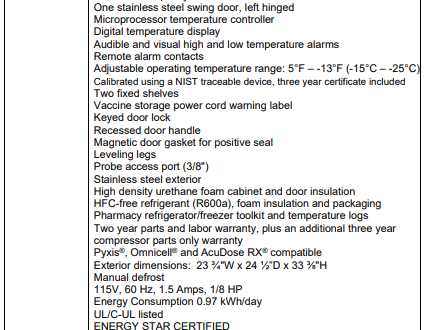 Table listing features and specifications of a pharmacy/vaccine freezer with left-hinged door.