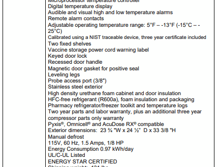 Specification sheet for a vaccine refrigerator, listing features, certifications, and energy information.