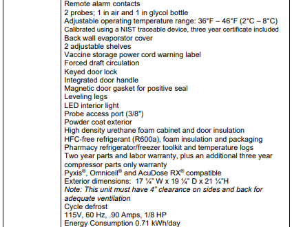 Specification sheet for a pharmacy/vaccine refrigerator, listing features, dimensions, and certifications.
