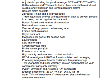Product specs for a pharmacy refrigerator, listing features, dimensions, power, and warranty details.