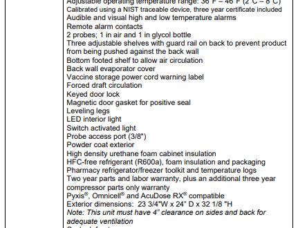Specification sheet for a pharmacy/vaccine refrigerator, listing features, capacity, performance, and certifications.
