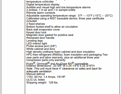 Specification sheet for an undercover pharmacy freezer listing features, dimensions, and electrical data.
