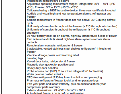 A detailed table listing features and specifications of a pharmacy/vaccine refrigerator and freezer combination.
