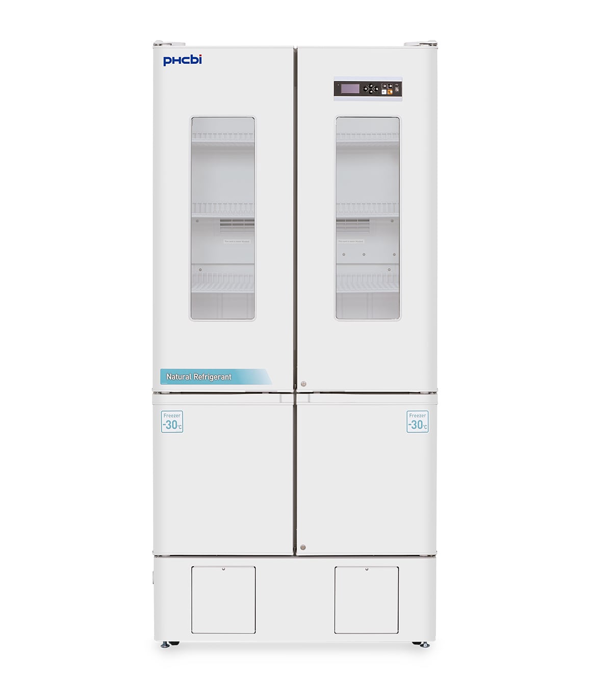 The PHCbi MPR-N650FH-PA is a white, double-door lab refrigerator/freezer combo with glass windows and a top-right digital control panel.