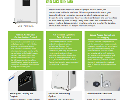 A brochure for the Cell-IQ™ Series CO2 Incubator, highlighting contamination control, UV decontamination, touch panel, plus images of the incubator and its advanced display.