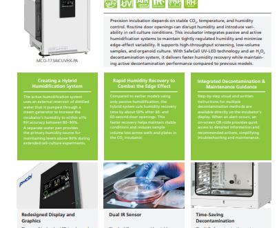 Brochure page for PHCbi cellIQ CO₂ incubator with H₂O₂ decontamination, showing product image, features, icons, and detailed descriptions in colored text boxes.