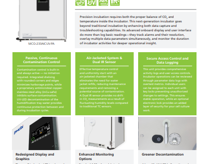A flyer for the PHCbi cellIQ CO2 Incubator with UV-LED decontamination, showing the product image, features, and specifications in text and graphics.