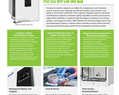 PHCbi product information sheet for a CO₂ incubator, featuring images of the device, icons, and descriptions of its advanced humidification and decontamination features.