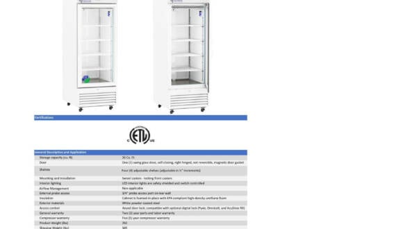 Product sheet showing images, specs, and features of a white upright laboratory refrigerator with glass door, shelves, and DAI Scientific branding.