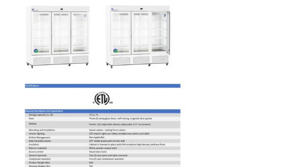 Product data sheet featuring two upright glass-door laboratory refrigerators, technical specifications, features, certifications, and warranty information on a white and blue branded layout.